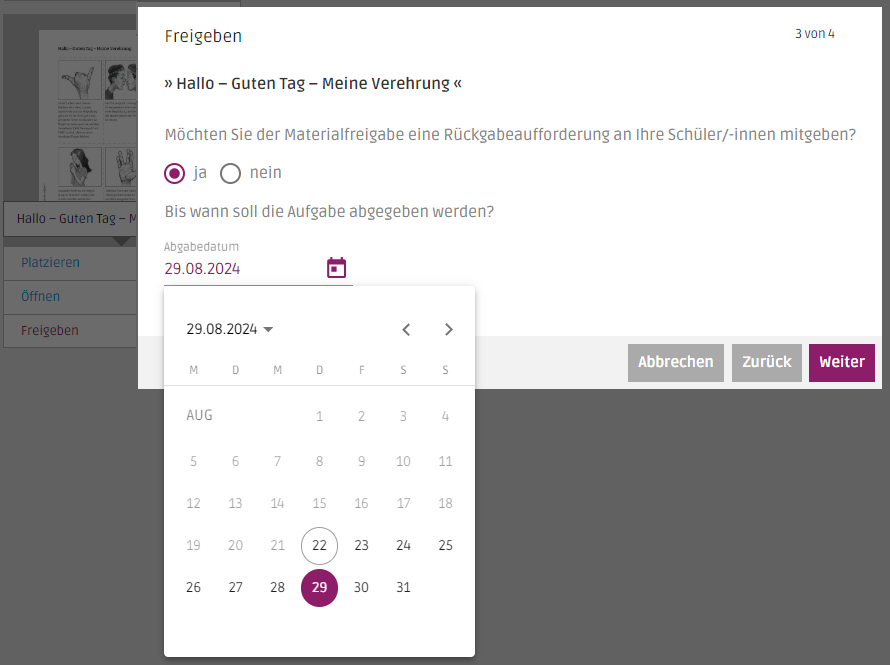 Screenshot Rückgabeaufforderung